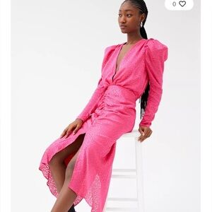 Ronny Kobo Astrid Plunging Puff Sleeve Midi Dress Size L